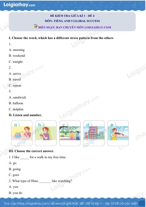 Đề thi giữa kì 1 Tiếng Anh 5 Global Success - Đề số 5